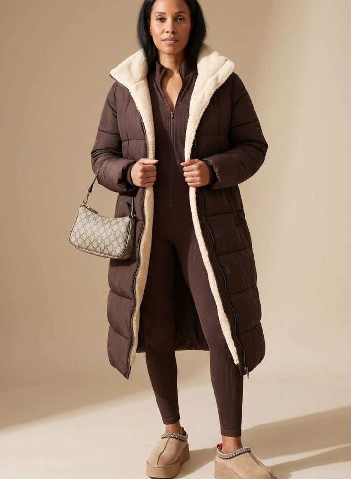 Women's Reversible Hooded Longline Sherpa Puffer Winter Coat - Brown