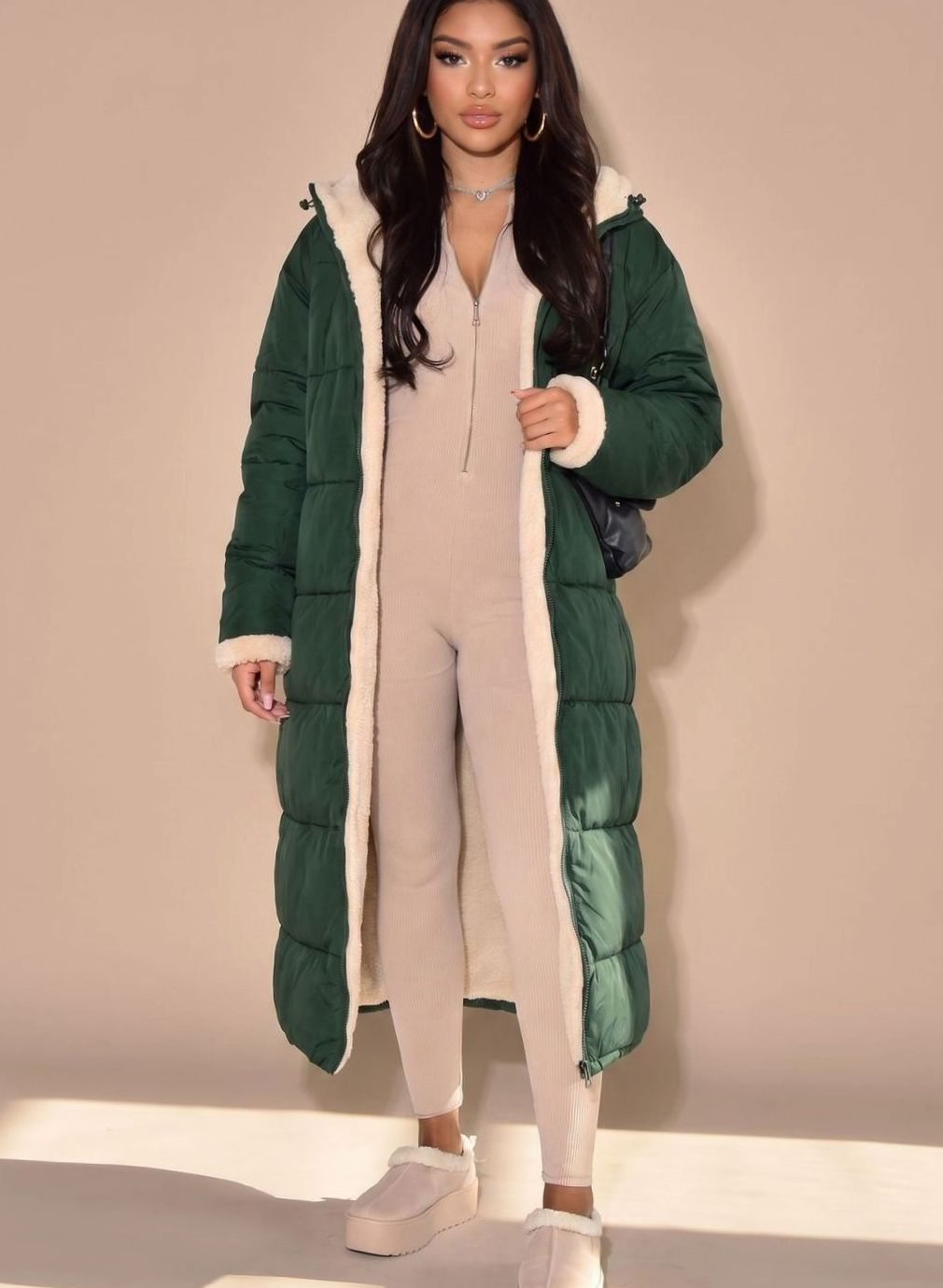 Women's Reversible Hooded Longline Sherpa Puffer Winter Coat - Green