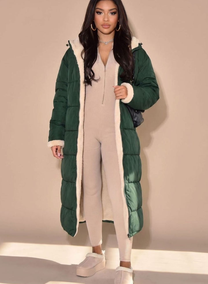 Women's Reversible Hooded Longline Sherpa Puffer Winter Coat - Green