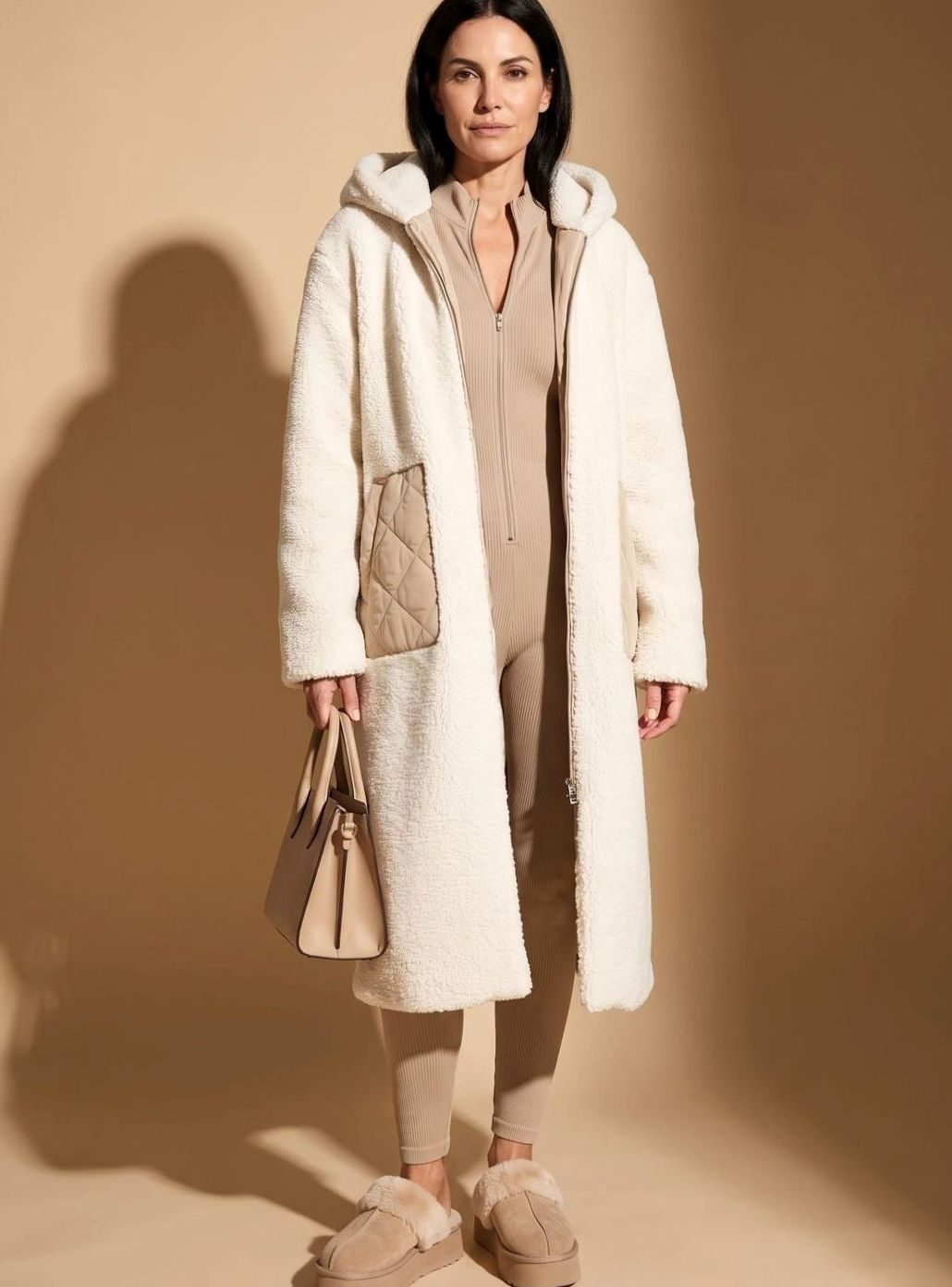Women's Reversible Hooded Longline Sherpa Puffer Winter Coat - White