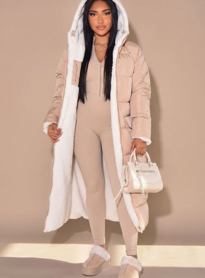 Women's Reversible Hooded Longline Sherpa Puffer Winter Coat - Beige
