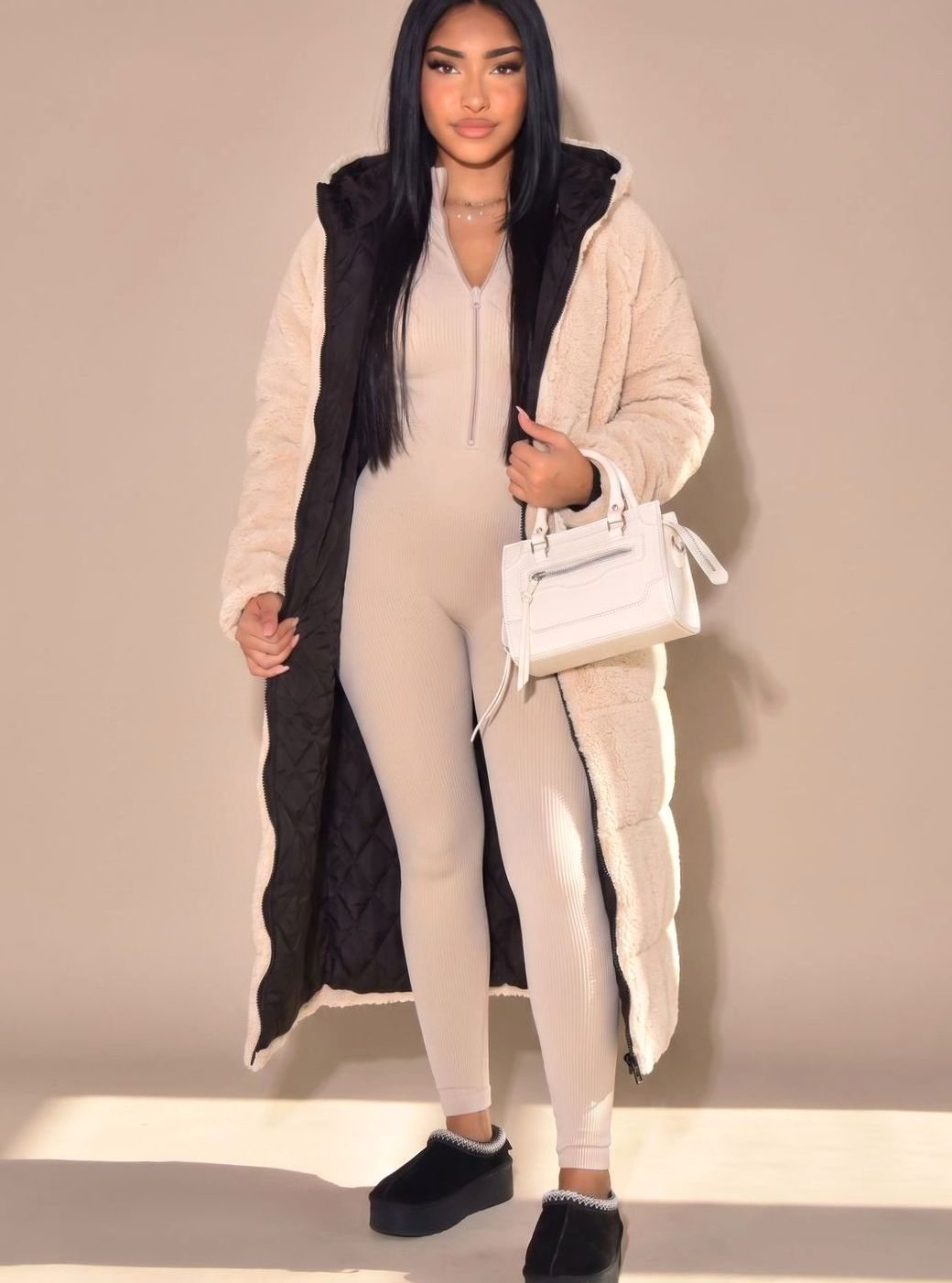 Women's Reversible Hooded Longline Sherpa Puffer Winter Coat