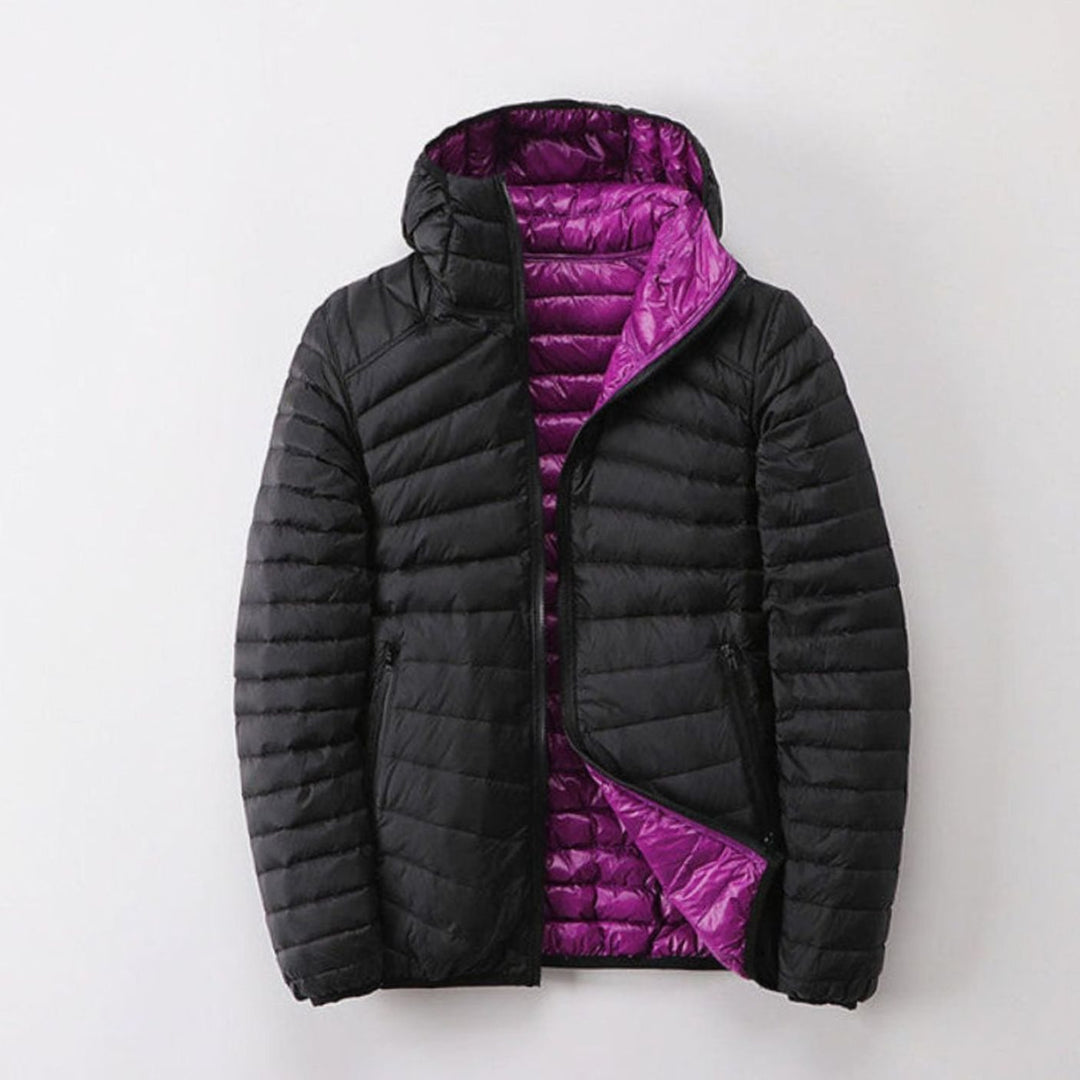 Women's Reversible Hooded Quilted Puffer Jacket Zip-Up - Black / Purple