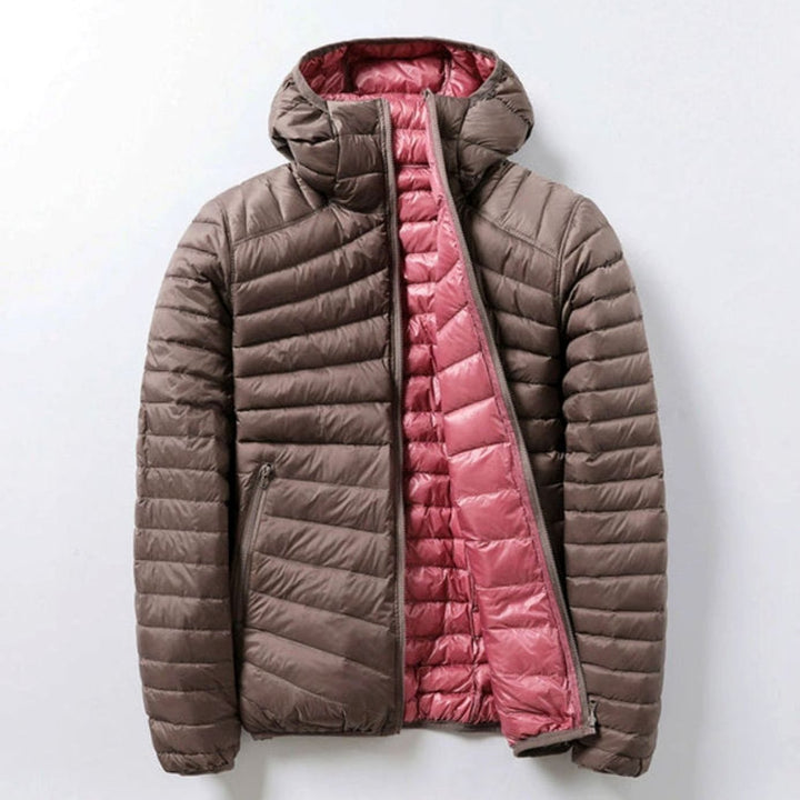 Women's Reversible Hooded Quilted Puffer Jacket Zip-Up - Beige / Pink