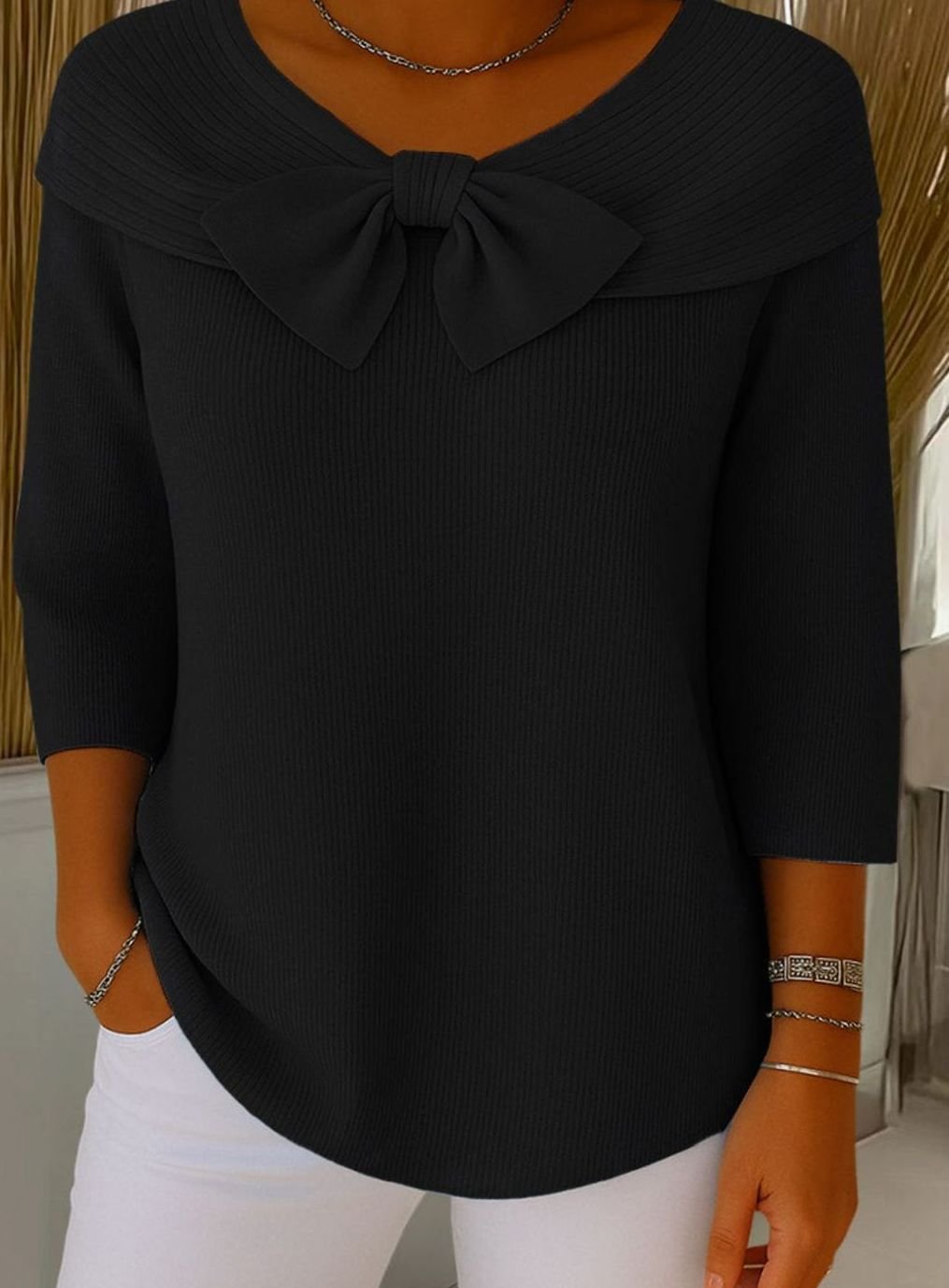 Women's Ribbed Bow-Detail Three-Quarter Sleeve Knitted Jumper, Black - Black