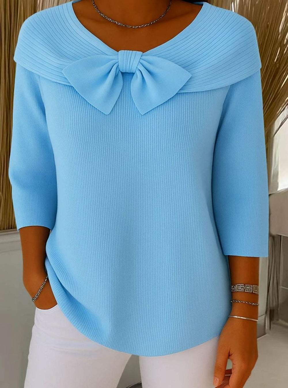 Women's Ribbed Bow-Detail Three-Quarter Sleeve Knitted Jumper - Blue