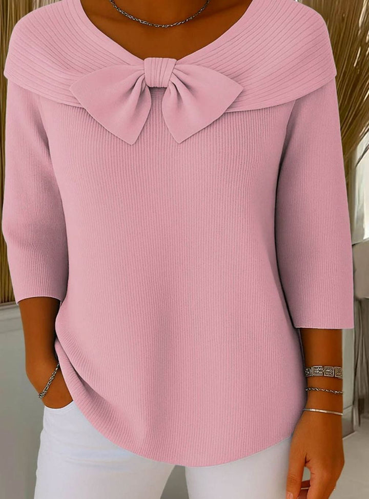 Women's Ribbed Bow-Detail Three-Quarter Sleeve Knitted Jumper - Pink