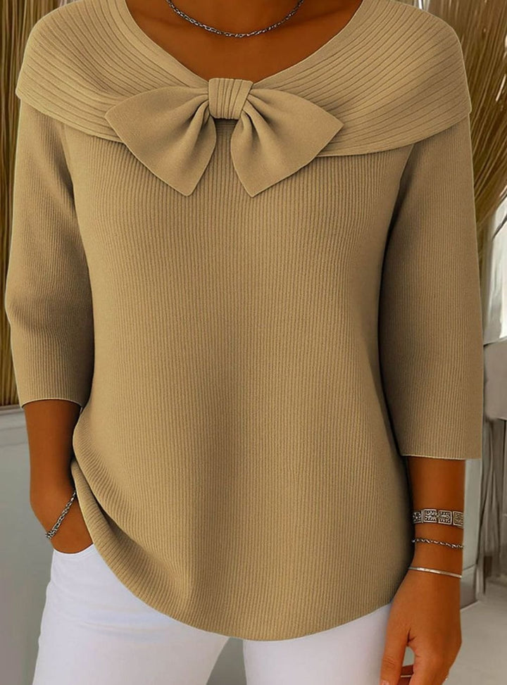 Women's Ribbed Bow-Detail Three-Quarter Sleeve Knitted Jumper - Khaki