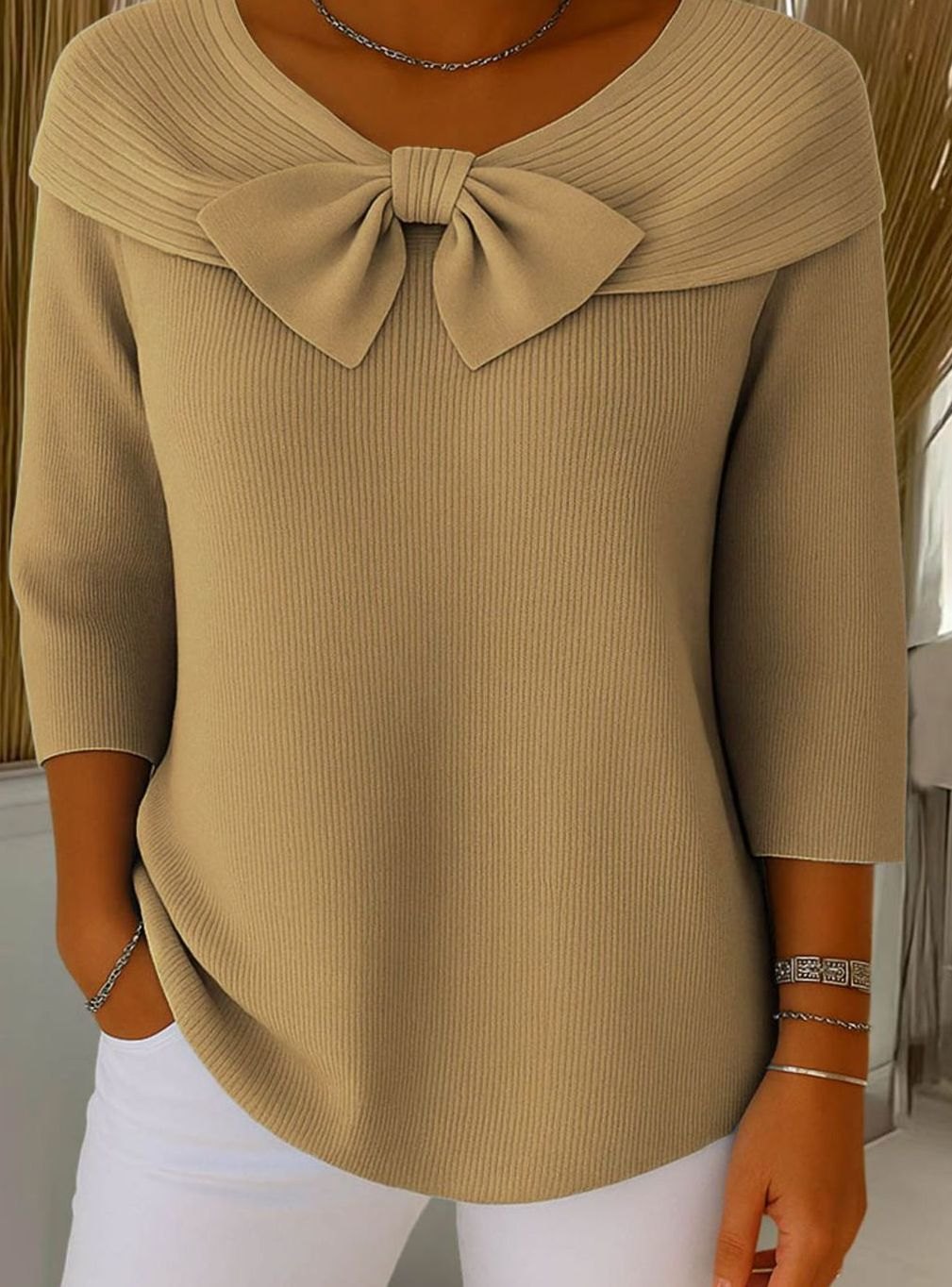 Women's Ribbed Bow-Detail Three-Quarter Sleeve Knitted Jumper, Black - Khaki