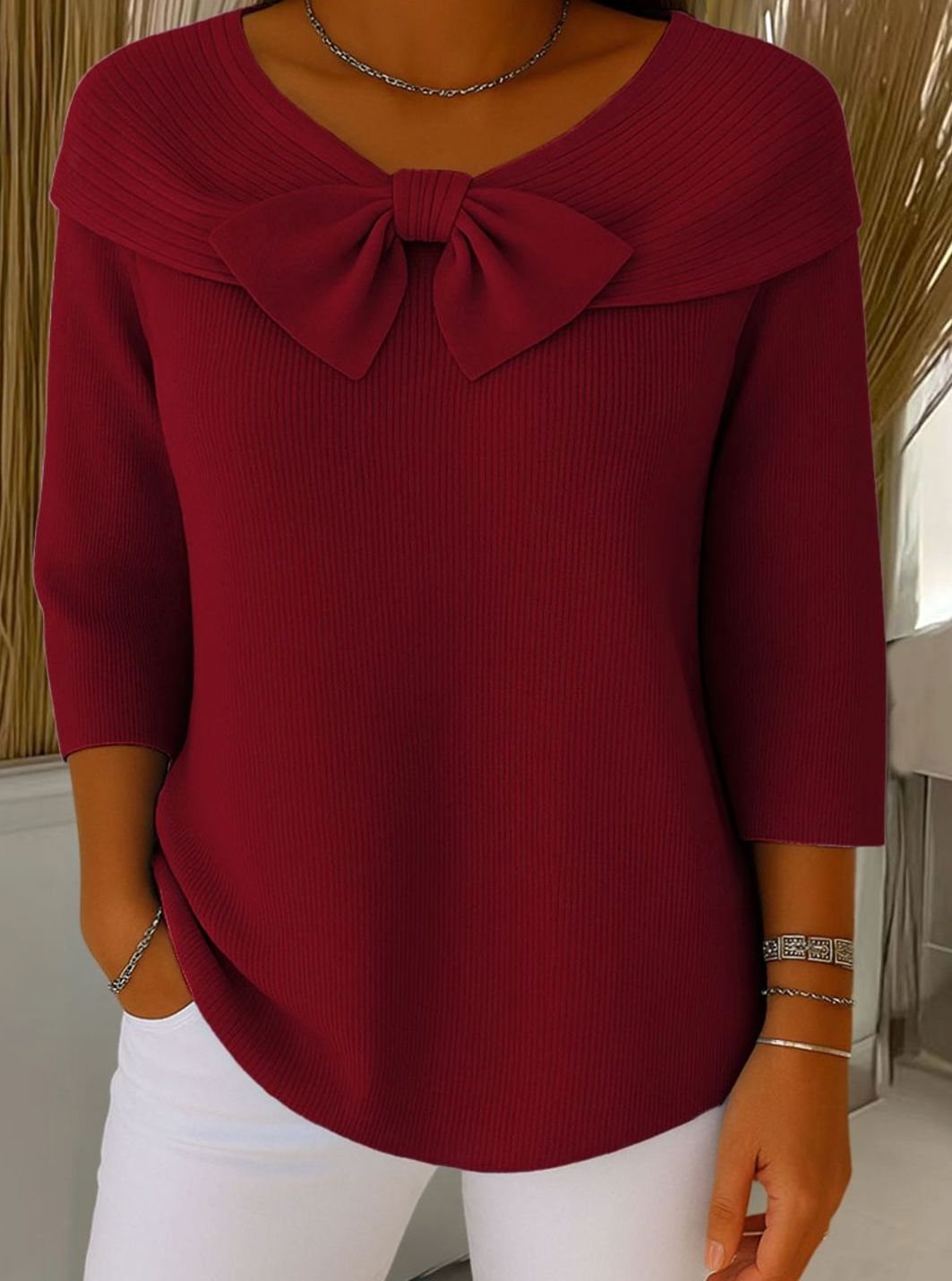 Women's Ribbed Bow-Detail Three-Quarter Sleeve Knitted Jumper, Black - Red