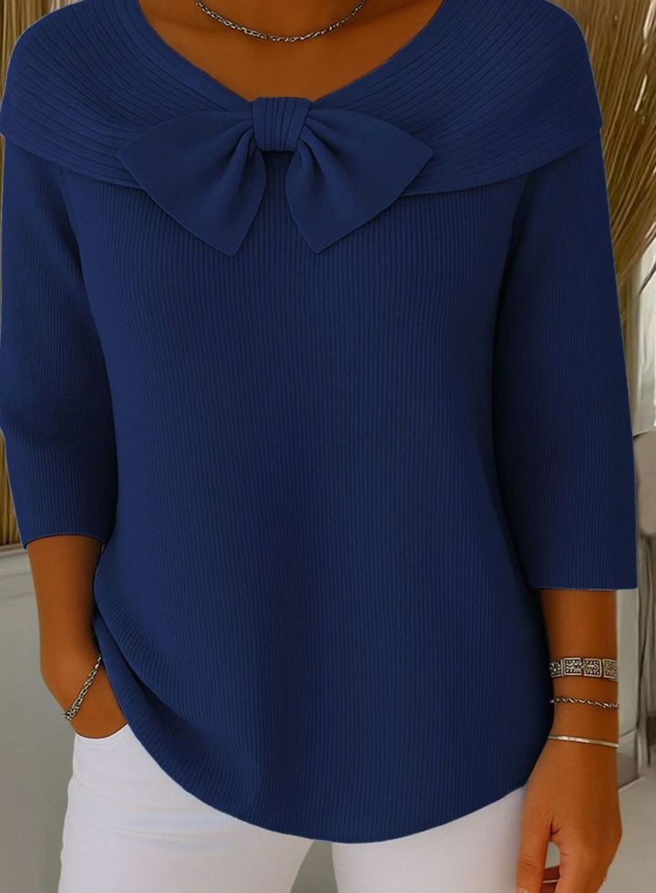 Women's Ribbed Bow-Detail Three-Quarter Sleeve Knitted Jumper, Black - Navy Blue