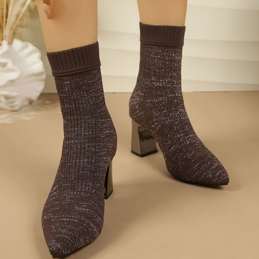 Women's Ribbed Knit Block Heel Sock Ankle Boots - Dark Brown