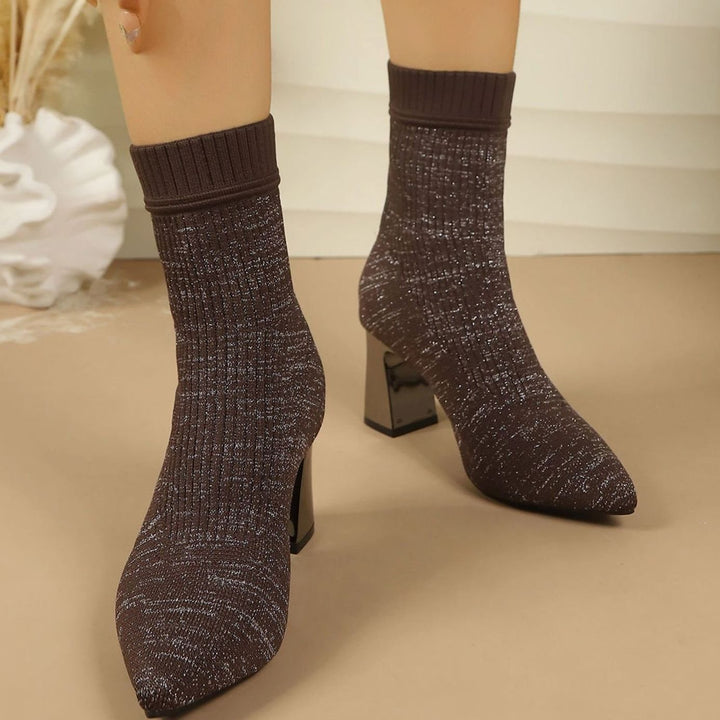 Women's Ribbed Knit Block Heel Sock Ankle Boots - Dark Brown