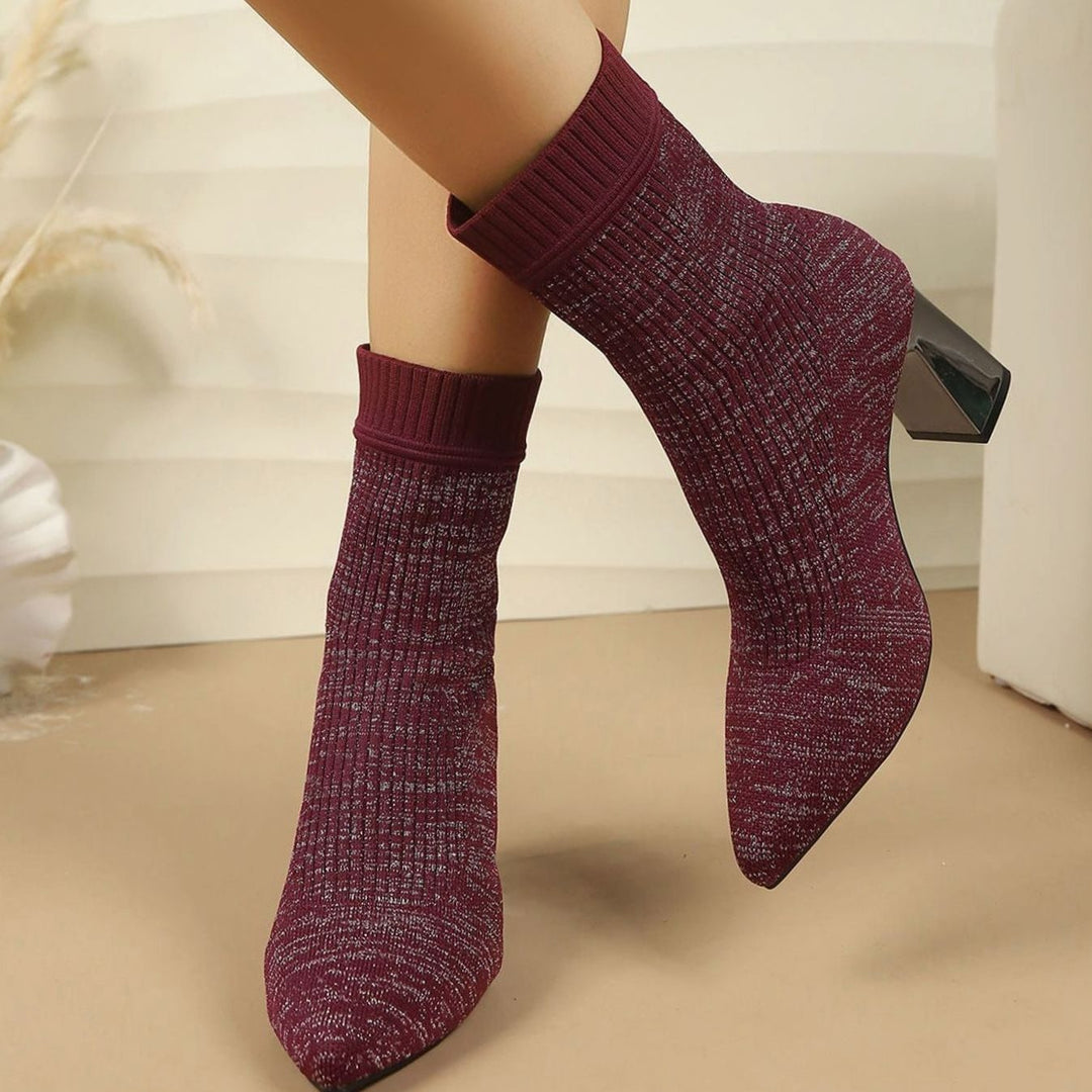 Women's Ribbed Knit Block Heel Sock Ankle Boots - Burgundy