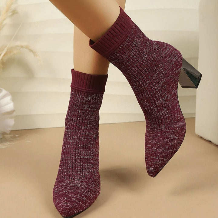 Women's Ribbed Knit Block Heel Sock Ankle Boots - Burgundy