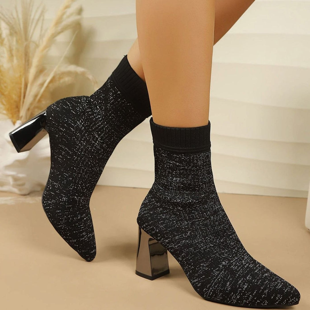 Women's Ribbed Knit Block Heel Sock Ankle Boots - Black
