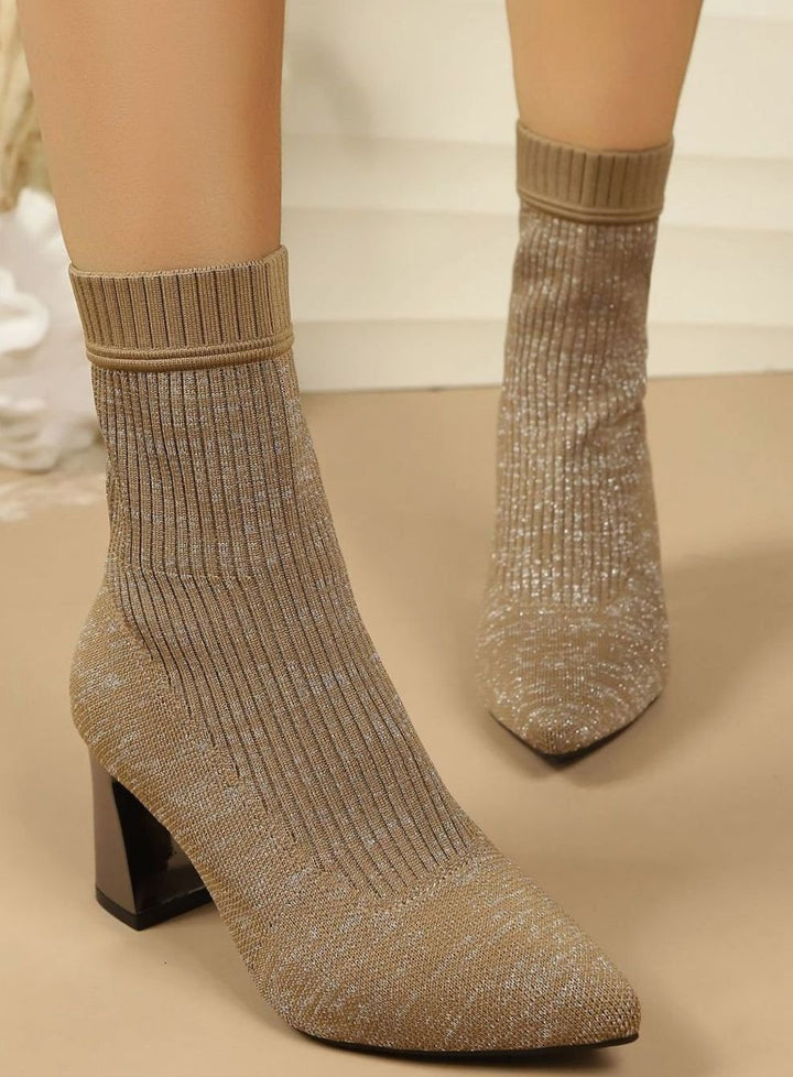 Women's Ribbed Knit Block Heel Sock Ankle Boots - Khaki