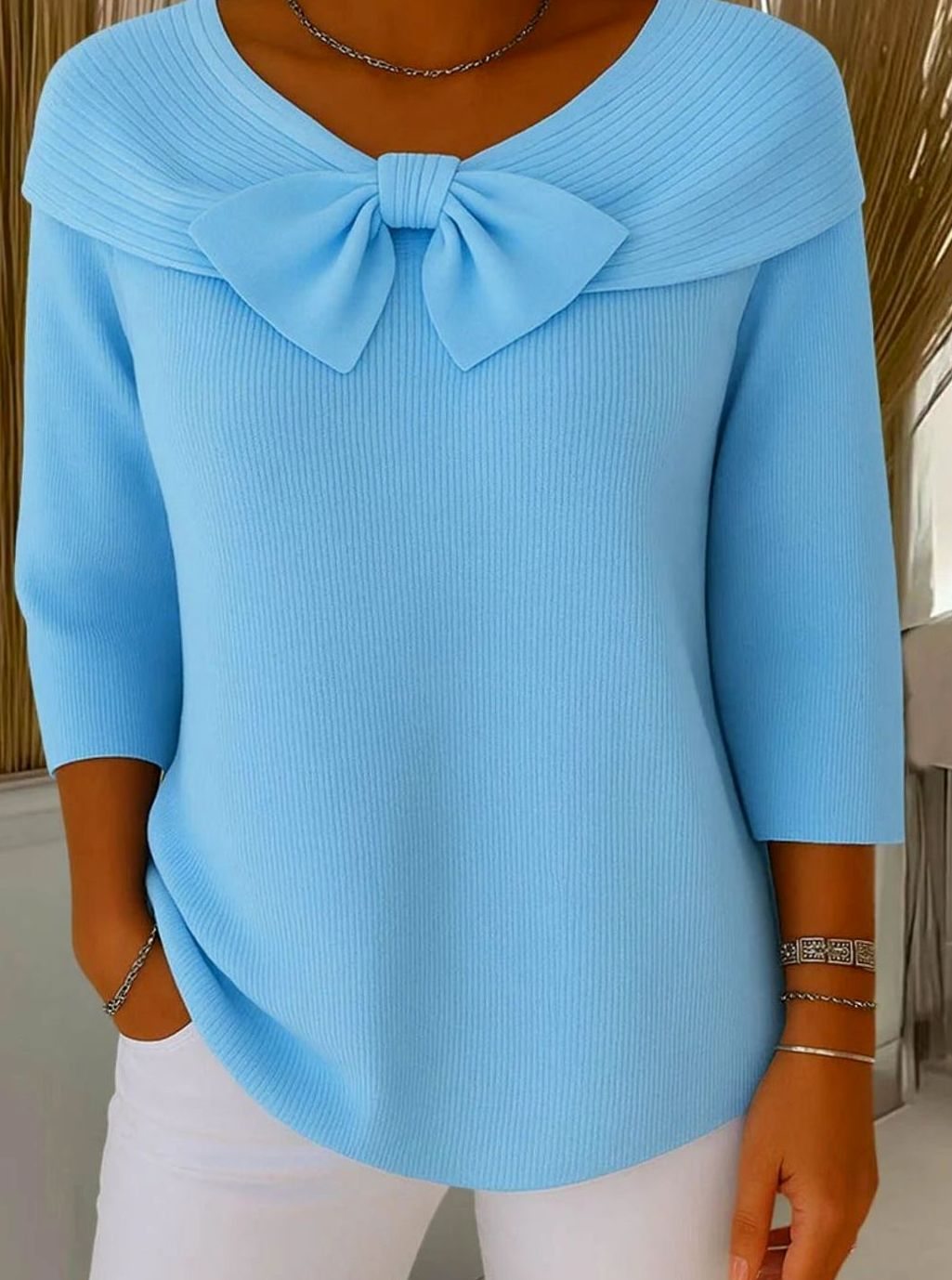 Women's Ribbed Knit Bow-Detail Three-Quarter Sleeve Fitted Top - Blue