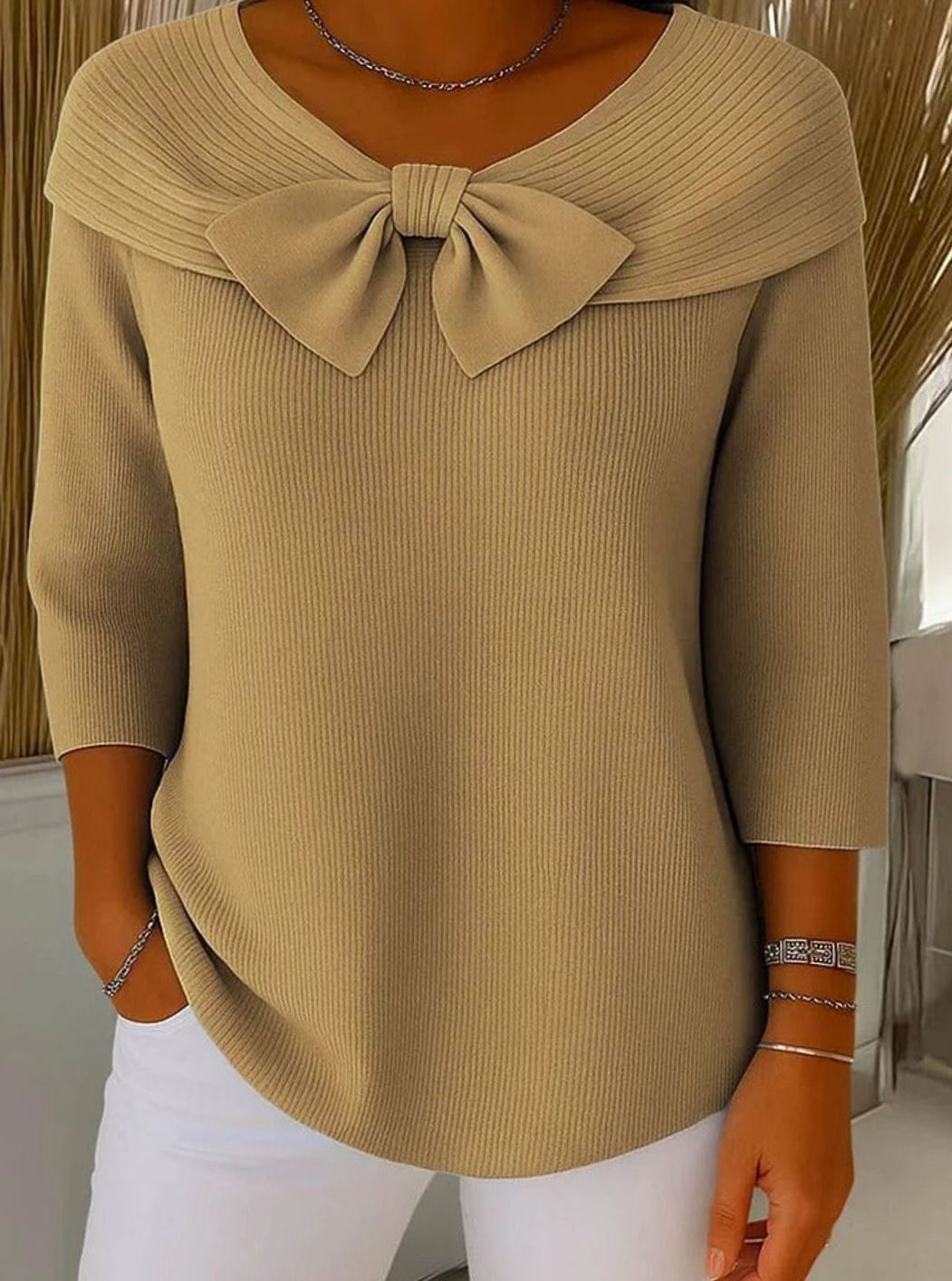 Women's Ribbed Knit Bow-Detail Three-Quarter Sleeve Fitted Top - Khaki