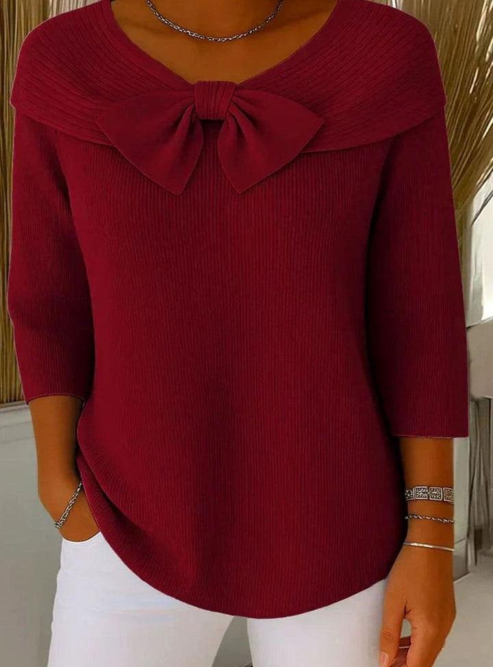 Women's Ribbed Knit Bow-Detail Three-Quarter Sleeve Fitted Top - Red