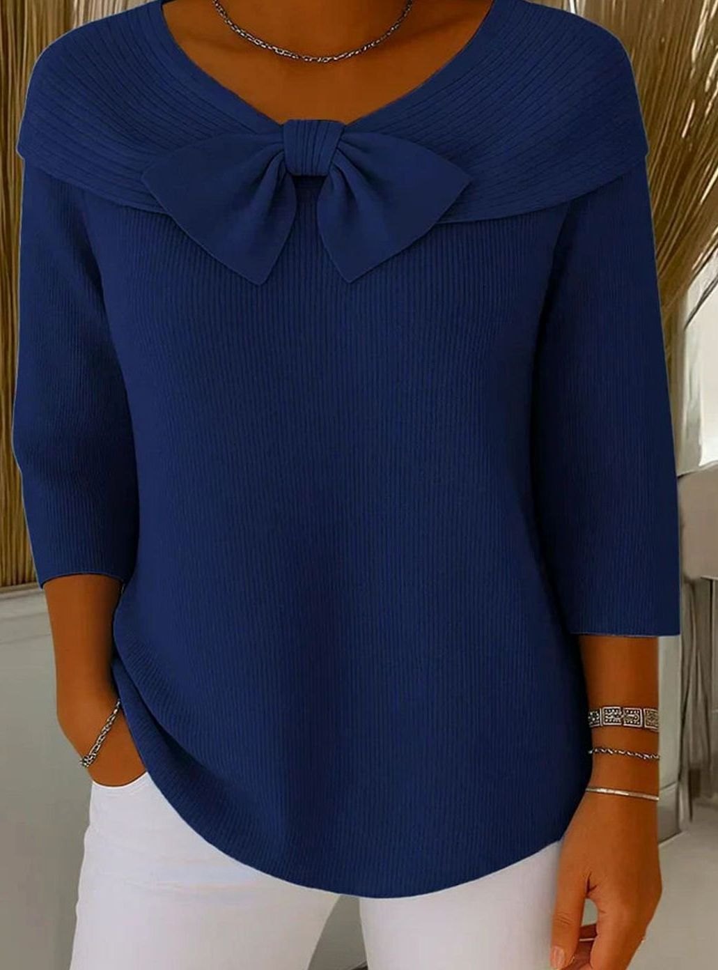 Women's Ribbed Knit Bow-Detail Three-Quarter Sleeve Fitted Top - Dark Blue