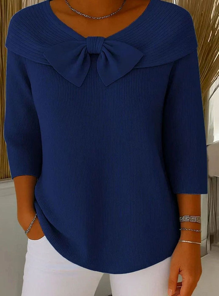 Women's Ribbed Knit Bow-Detail Three-Quarter Sleeve Fitted Top - Dark Blue