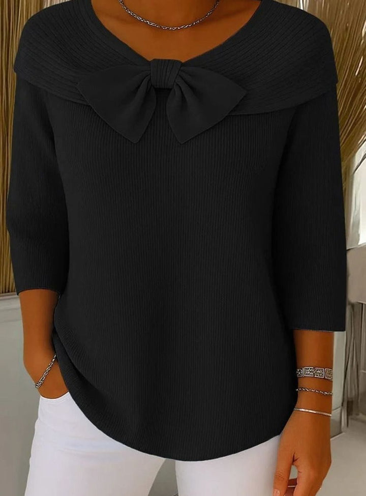 Women's Ribbed Knit Bow-Detail Three-Quarter Sleeve Fitted Top - Black