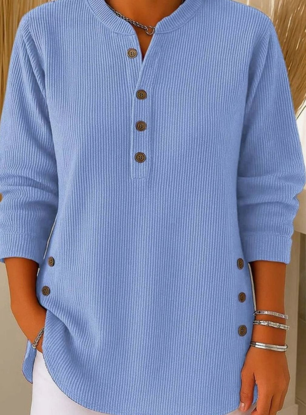 Women's Ribbed Knit Button-Front Henley Pullover Sweater - Blue
