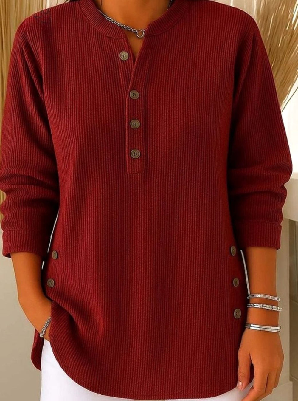 Women's Ribbed Knit Button-Front Henley Pullover Sweater - Red