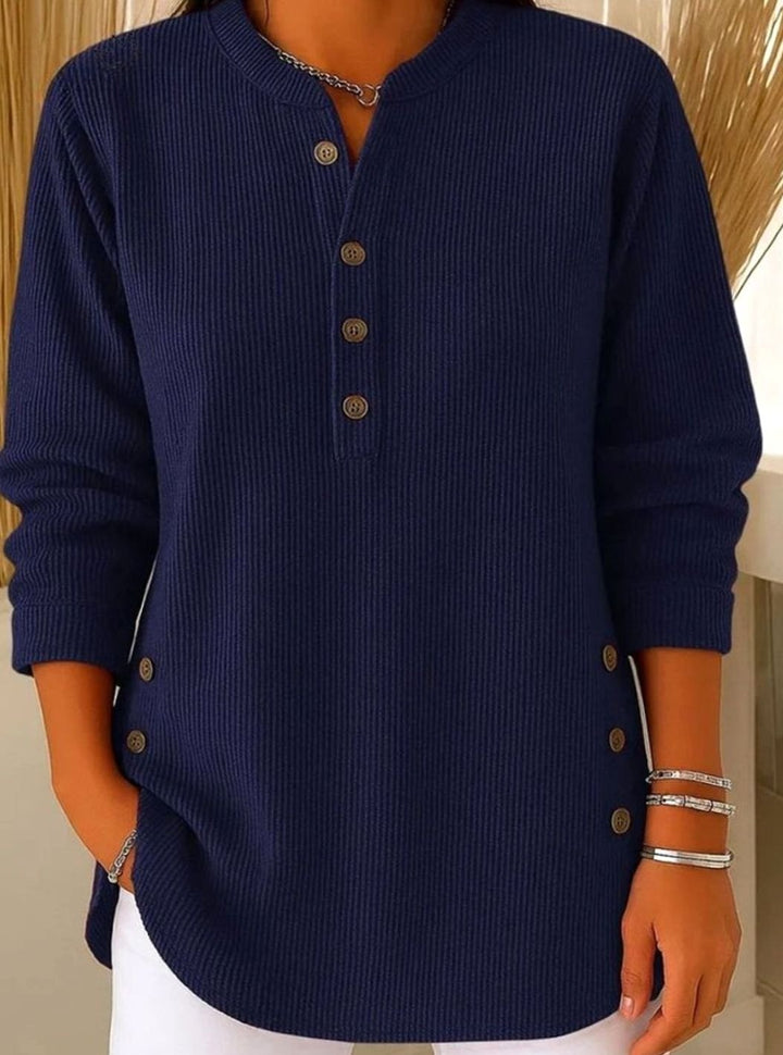 Women's Ribbed Knit Button-Front Henley Pullover Sweater - Dark Blue