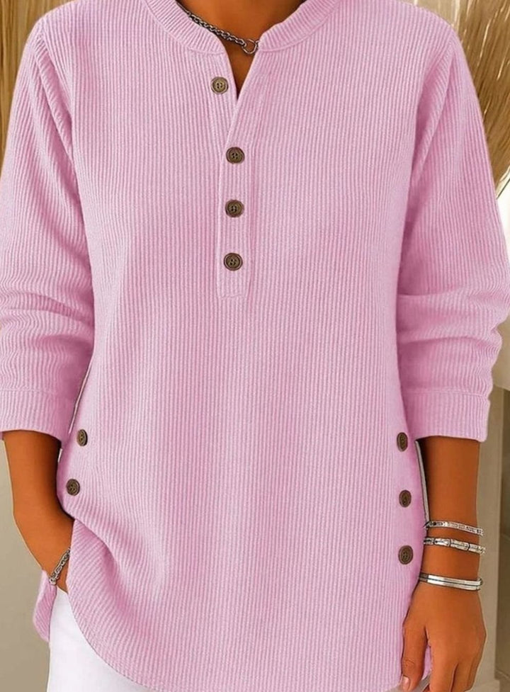 Women's Ribbed Knit Button-Front Henley Pullover Sweater - Pink