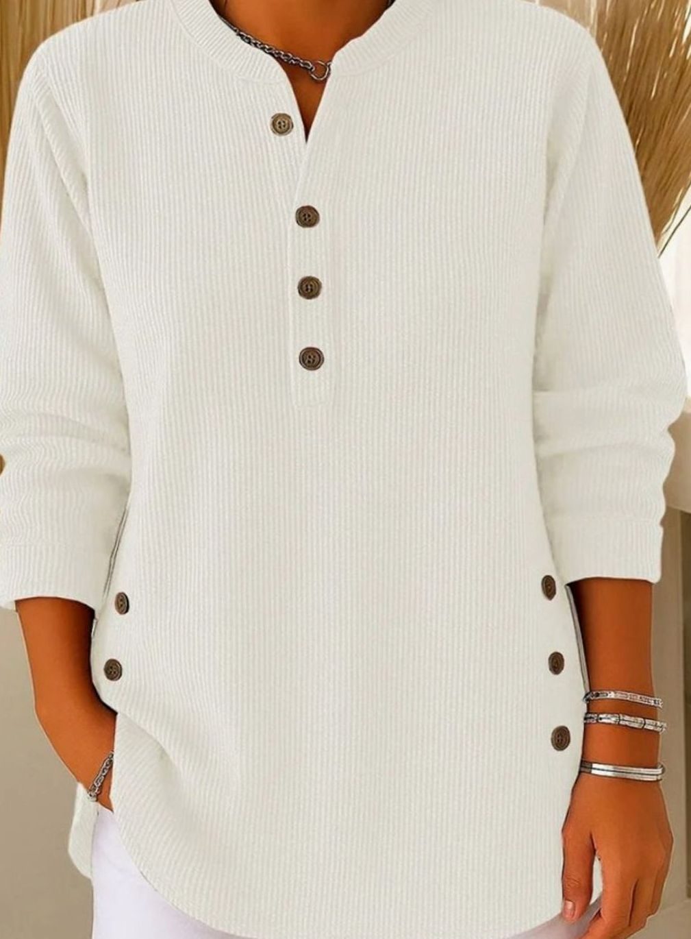 Women's Ribbed Knit Button-Front Henley Pullover Sweater - White