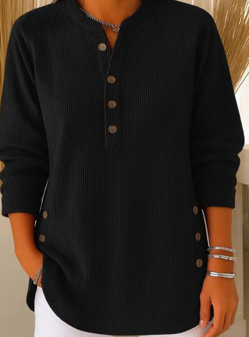 Women's Ribbed Knit Button-Front Henley Pullover Sweater - Black