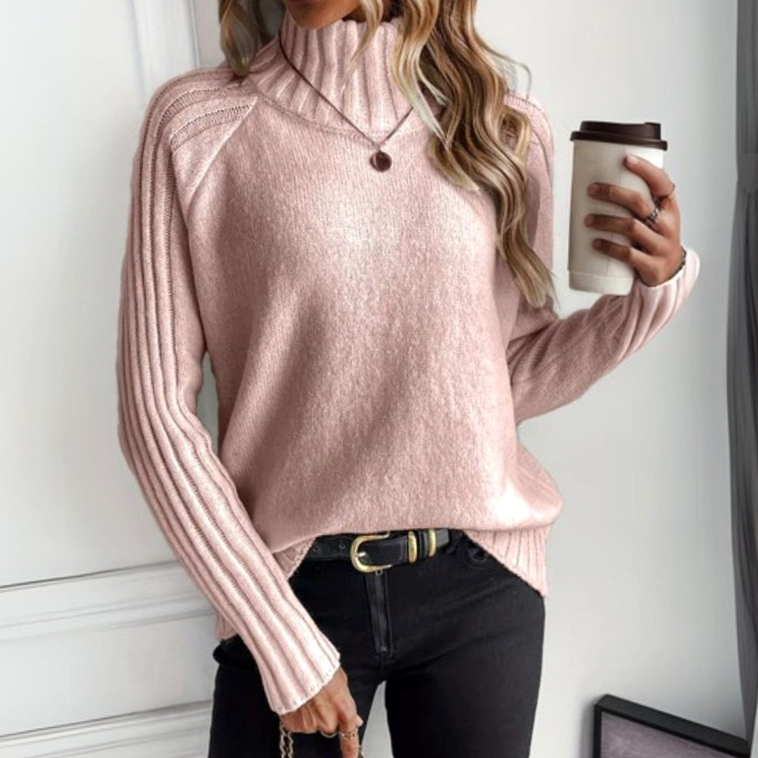 Women's Ribbed Turtleneck Jumper Relaxed Raglan Sleeve Knit - Pink