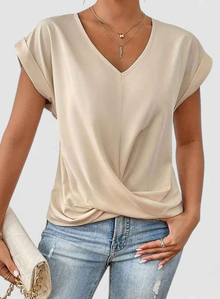 Women's Satin-Look V-Neck Twist-Front Cuffed-Sleeve Blouse - Beige