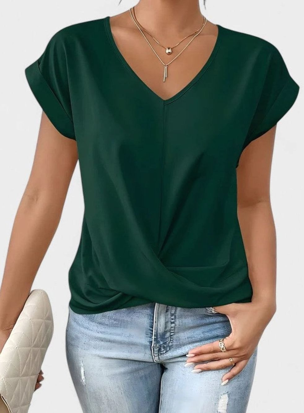 Women's Satin-Look V-Neck Twist-Front Cuffed-Sleeve Blouse - Green