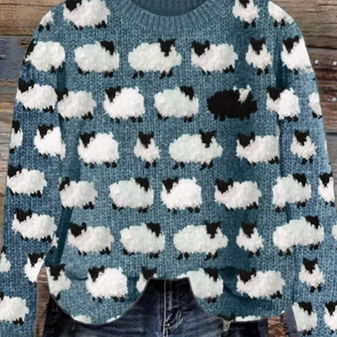 Women's Sheep Print Crew-Neck Knitted Jumper, Teal