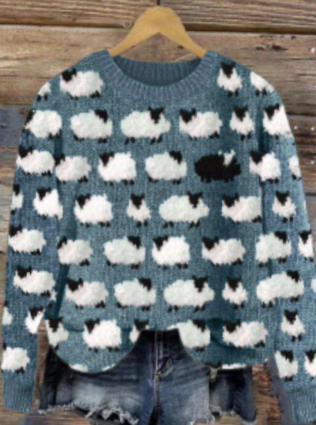 Women's Sheep Print Crew-Neck Knitted Jumper, Teal