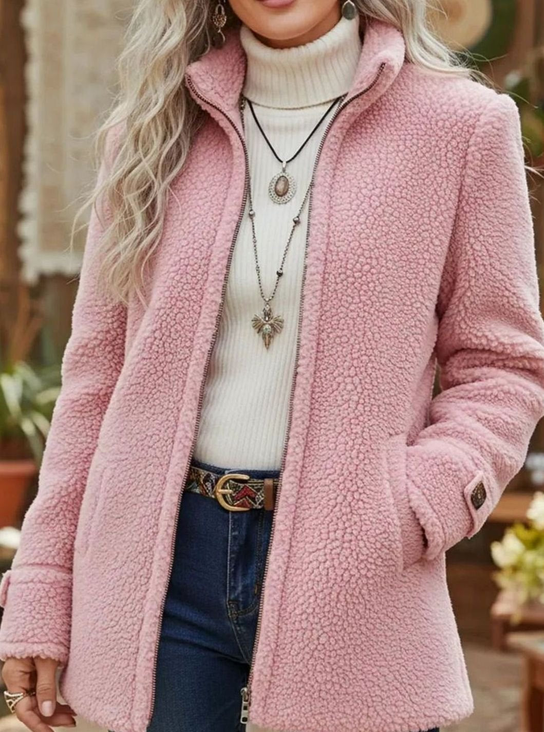 Women's Sherpa Fleece Zip-Up Teddy Coat Stand Collar - Pink