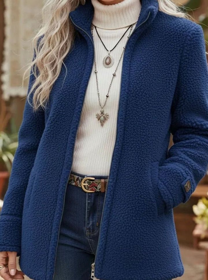 Women's Sherpa Fleece Zip-Up Teddy Coat Stand Collar - Blue