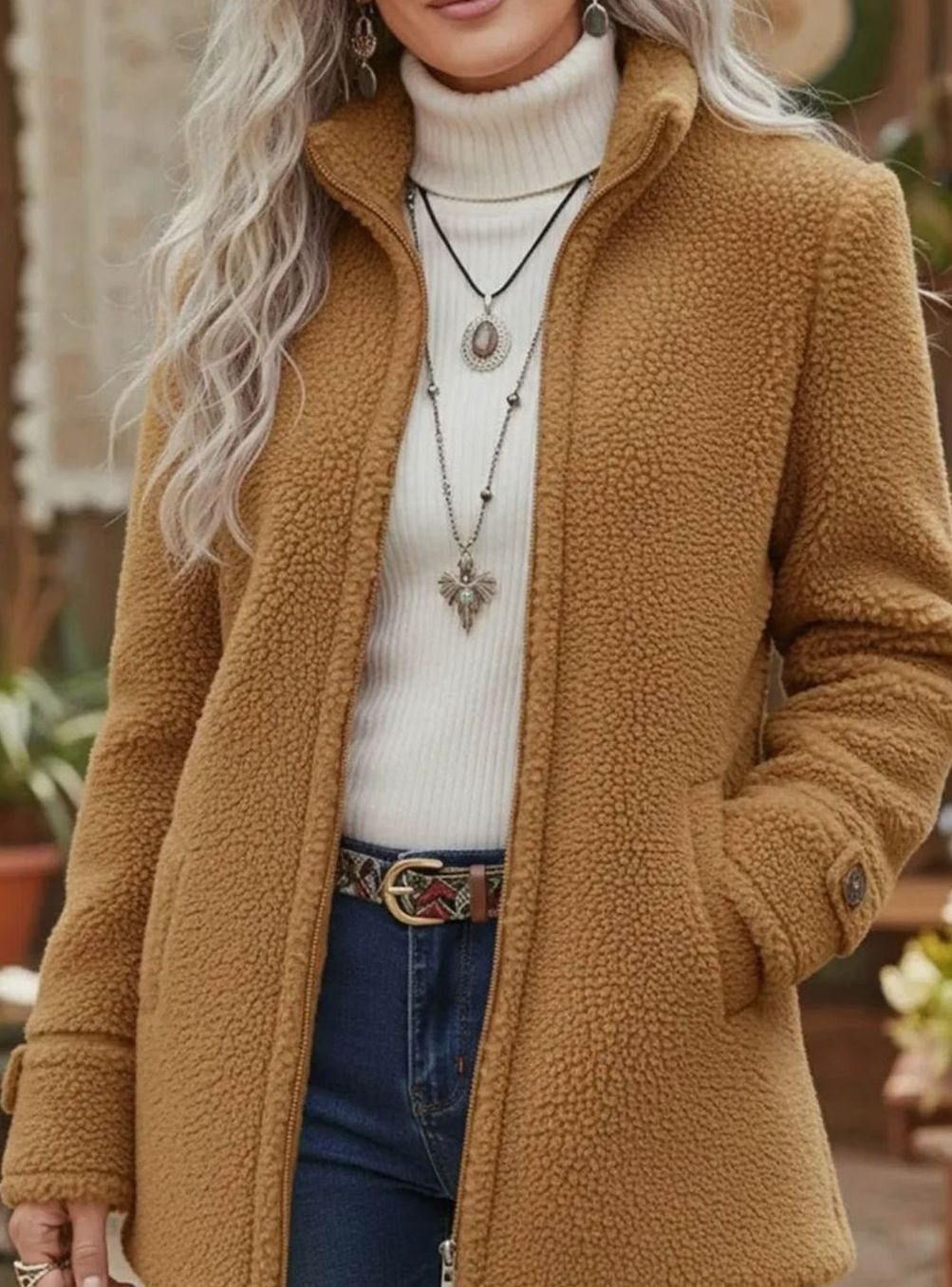 Women's Sherpa Fleece Zip-Up Teddy Coat Stand Collar - Camel