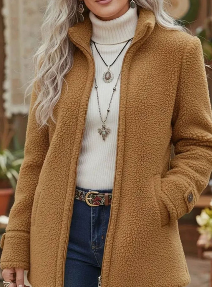 Women's Sherpa Fleece Zip-Up Teddy Coat Stand Collar - Camel