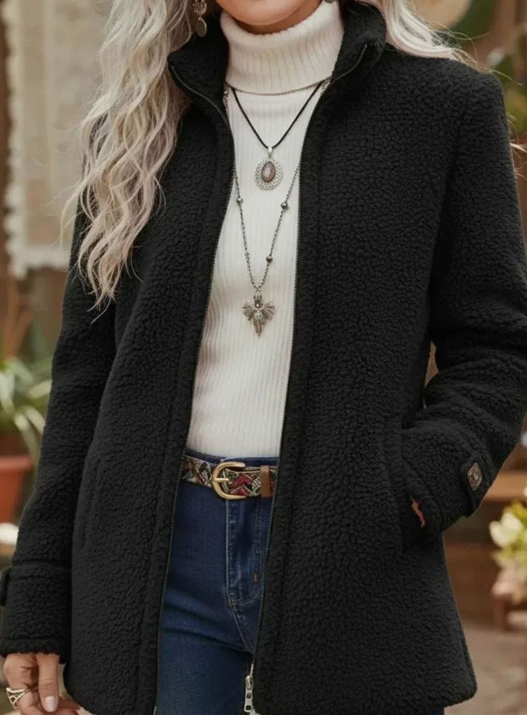 Women's Sherpa Fleece Zip-Up Teddy Coat Stand Collar - Black