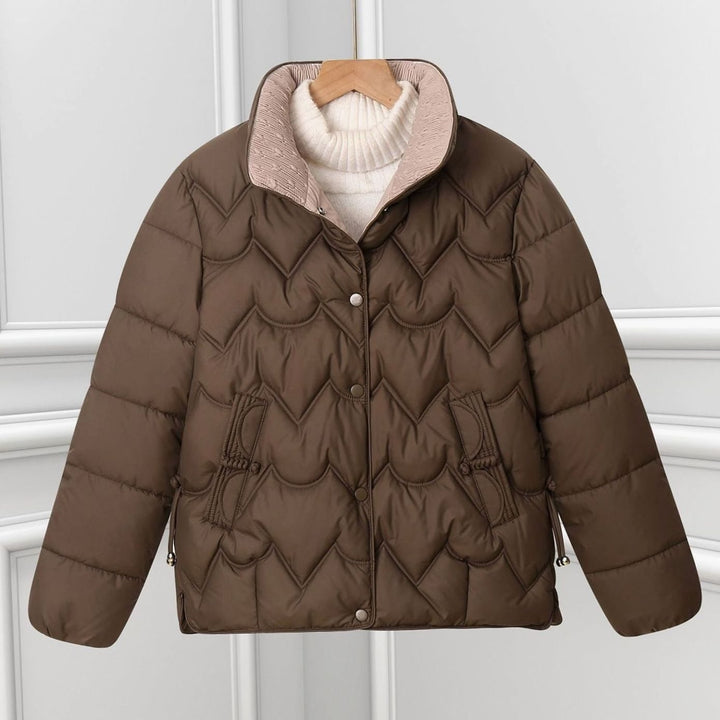 Women's Short Quilted Puffer Jacket Scallop Stitch Press-Stud - Brown