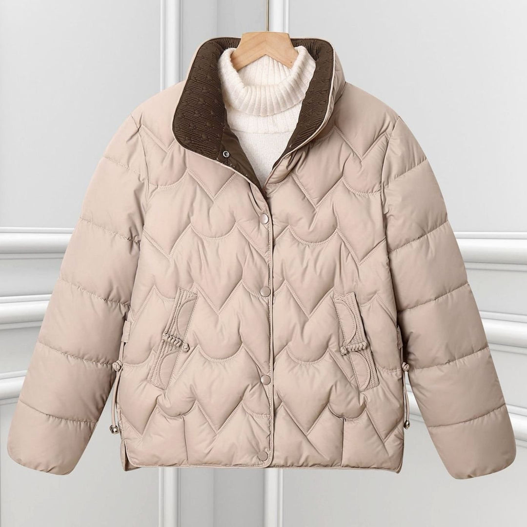 Women's Short Quilted Puffer Jacket Scallop Stitch Press-Stud - Khaki