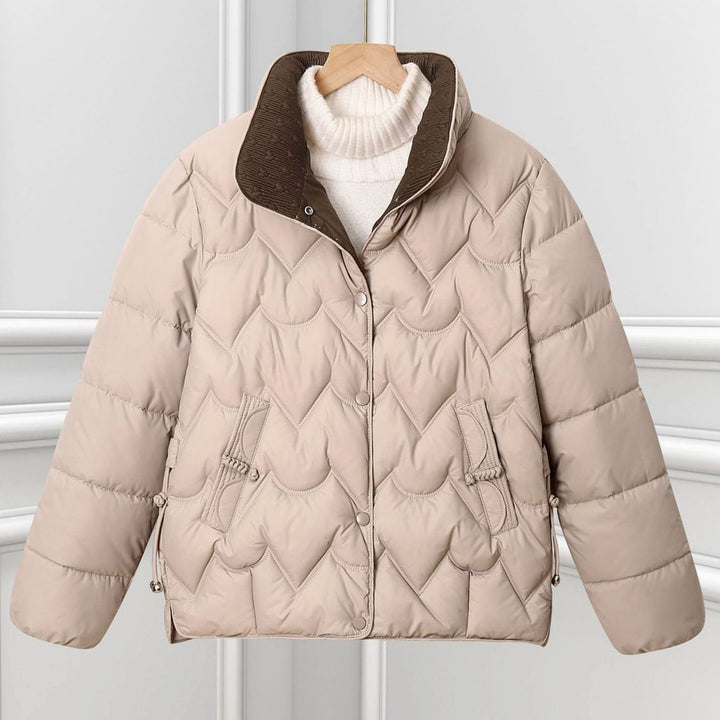 Women's Short Quilted Puffer Jacket Scallop Stitch Press-Stud - Khaki