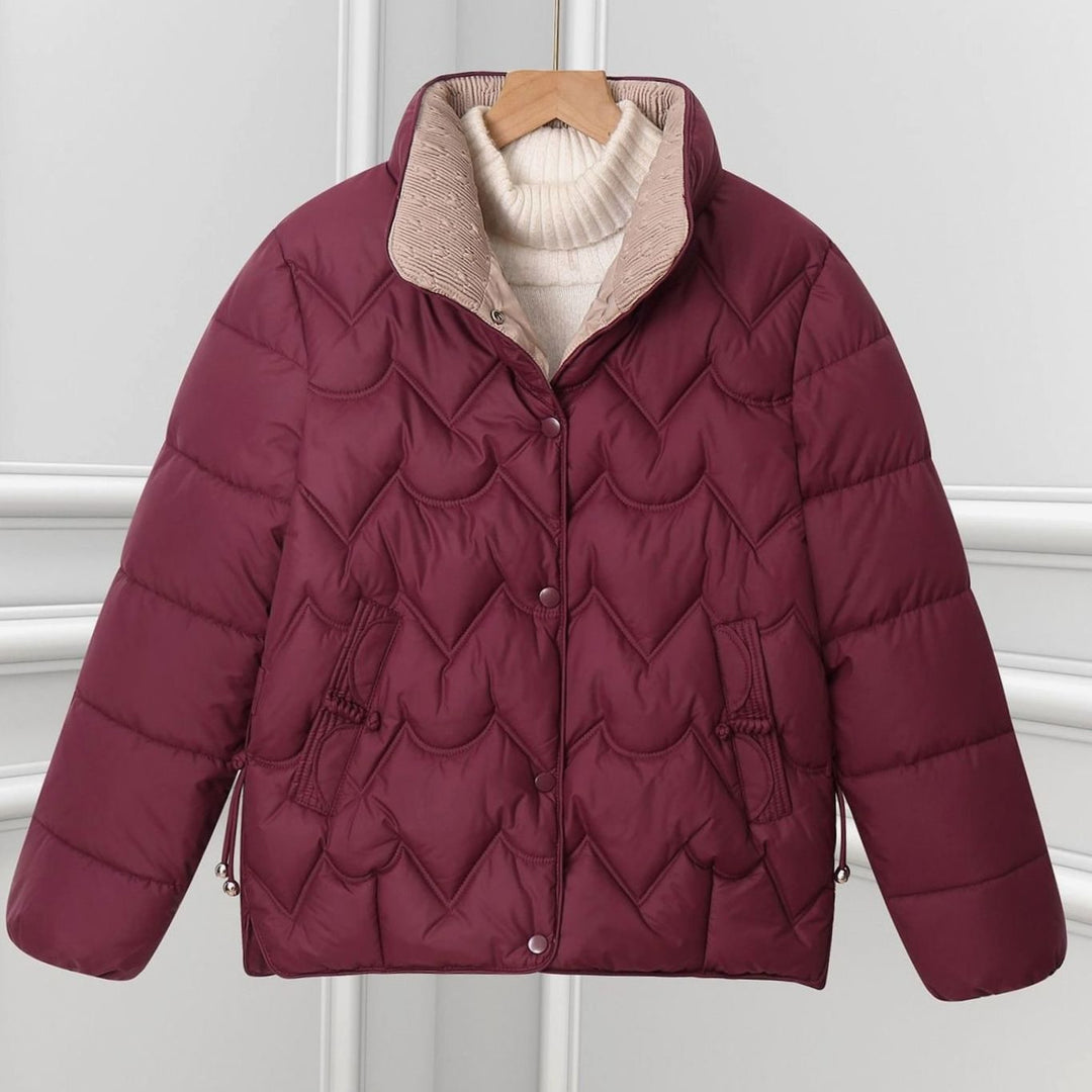 Women's Short Quilted Puffer Jacket Scallop Stitch Press-Stud - Angora Red