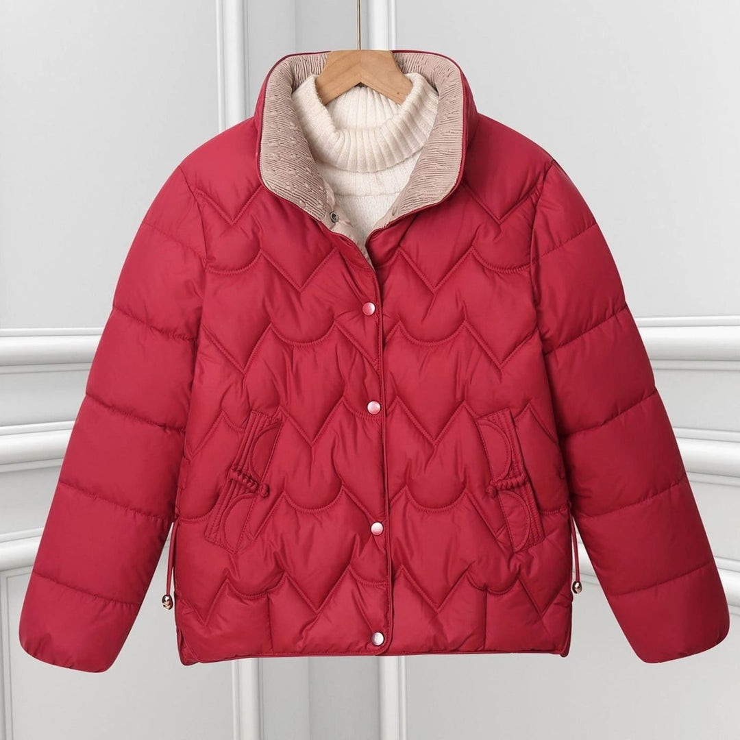 Women's Short Quilted Puffer Jacket Scallop Stitch Press-Stud - Red