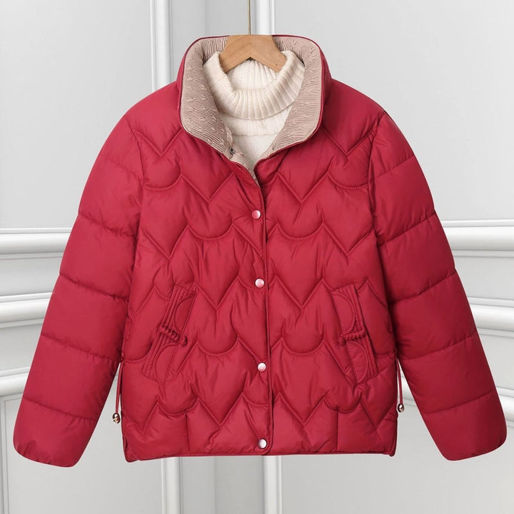 Women's Short Quilted Puffer Jacket Scallop Stitch Press-Stud - Red