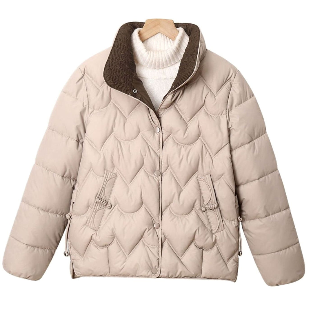 Women's Short Quilted Puffer Jacket Scallop Stitch Press-Stud